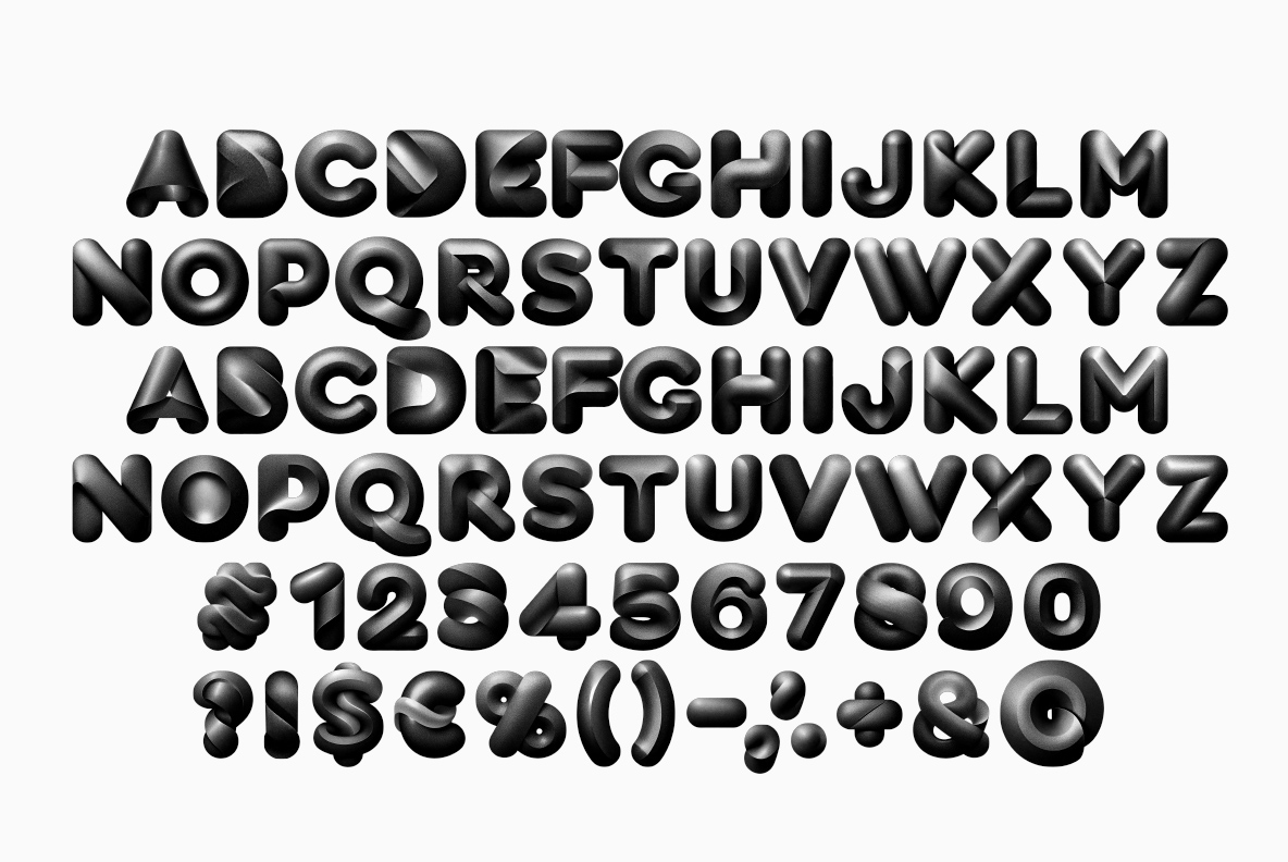 Darkside Font - modern alphabet made by handmadefont A sleek, modern alphabet made of dark, ribbon-like folds with dotted gradients and soft sheen.A sleek, modern alphabet made of dark, ribbon-like folds with dotted gradients and soft sheen.