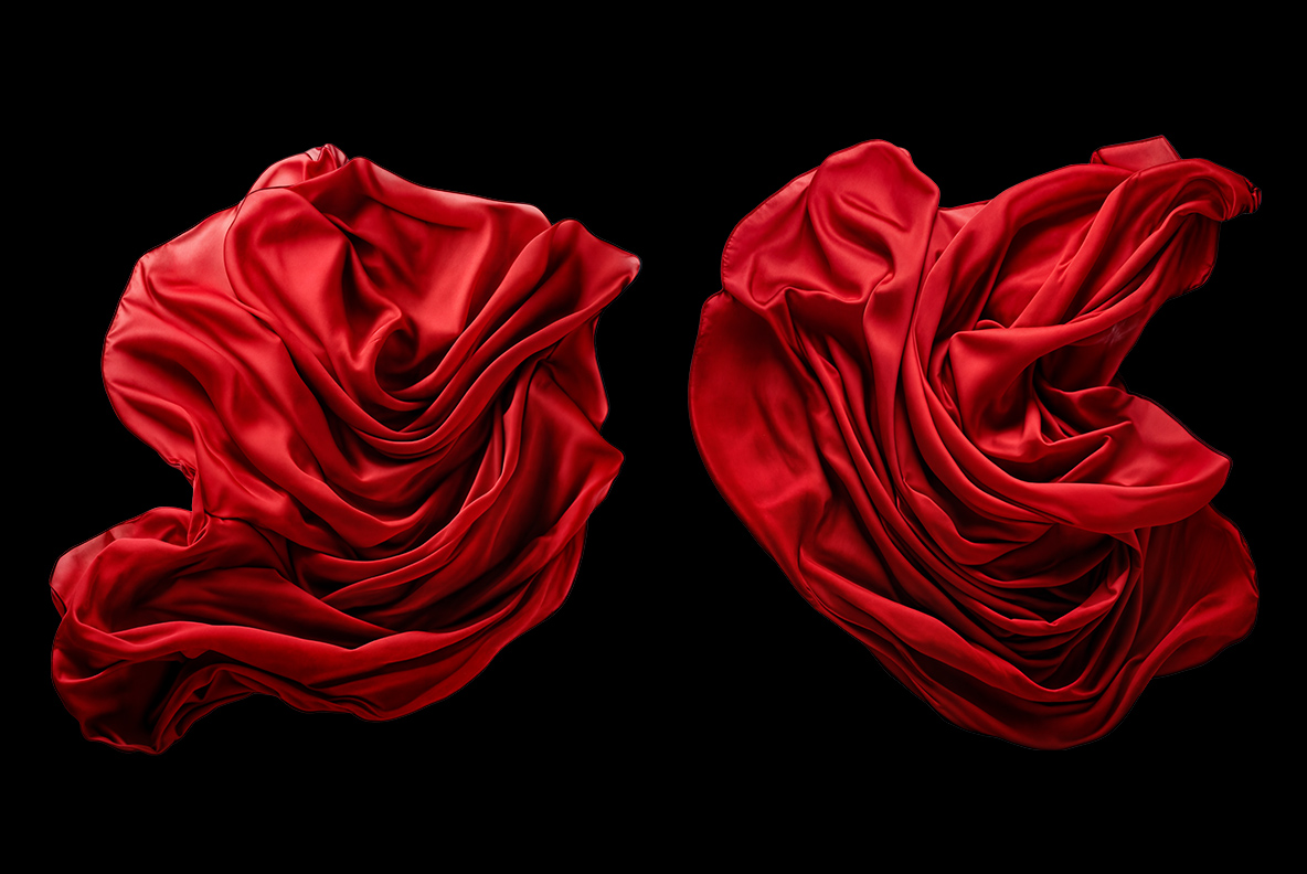 Alphabet made of red satin fabric. Premium glossy elegant draped fabric typography.