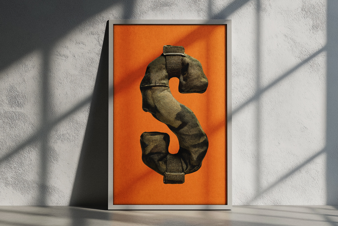 Alphabet made from military camouflage fabric. Army-style typography. A theme of war and soldiers
