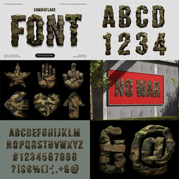 Alphabet made from military camouflage fabric. Army-style typography. A theme of war and soldiers
