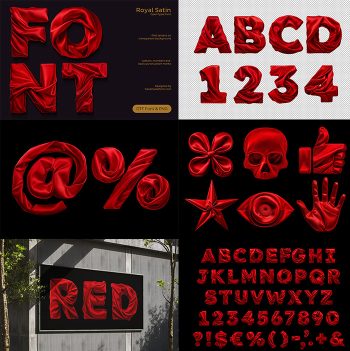 Alphabet made of red satin fabric. Premium glossy elegant draped fabric typography.