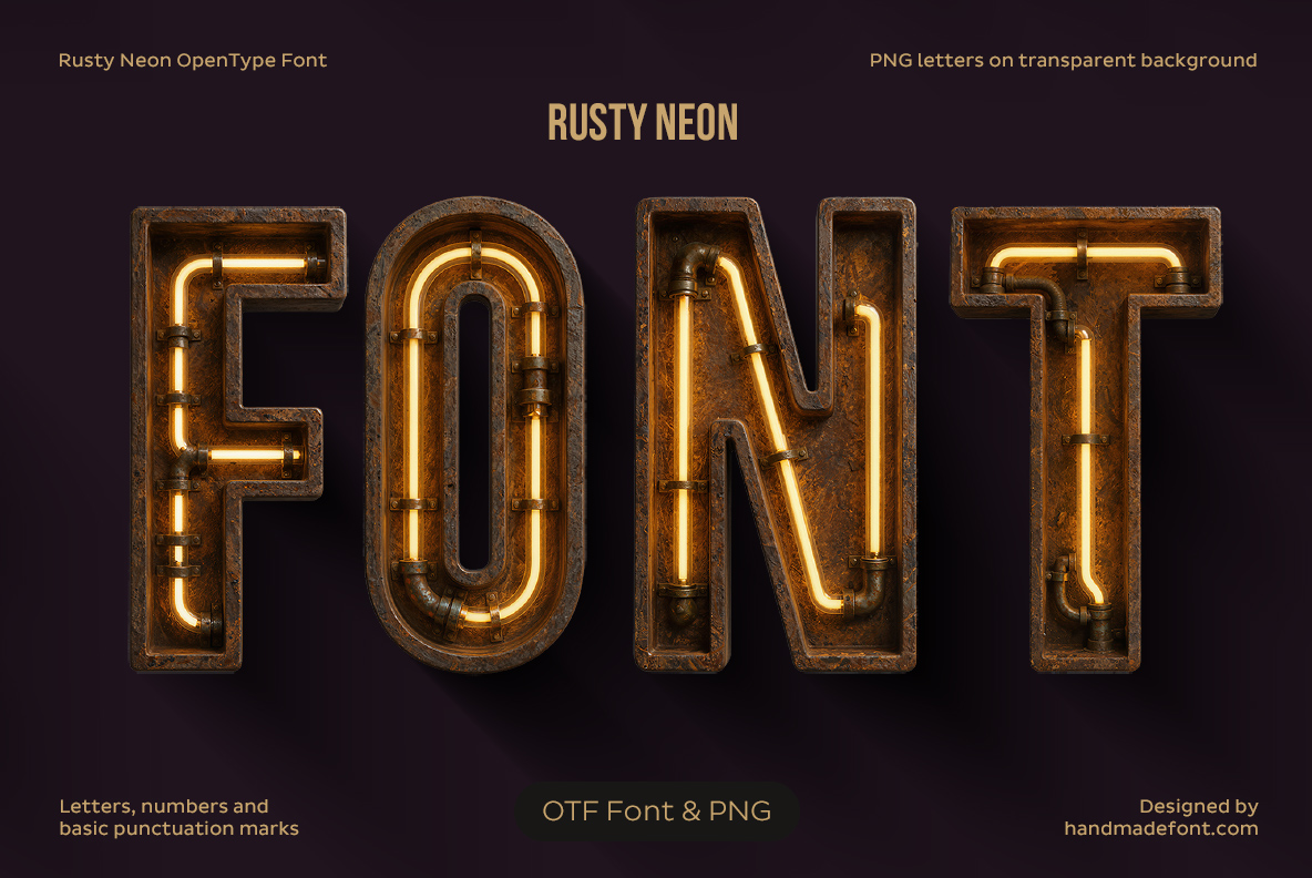 Rusty Neon Font Rusty neon font spelling FONT with orange glowing tube