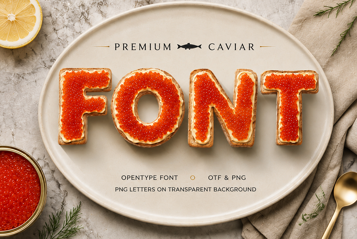Premium Caviar Font Premium Caviar Font red caviar alphabet on toast