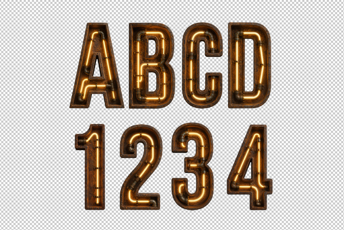 Rusty Neon Font Rusty neon alphabet with orange glowing tube