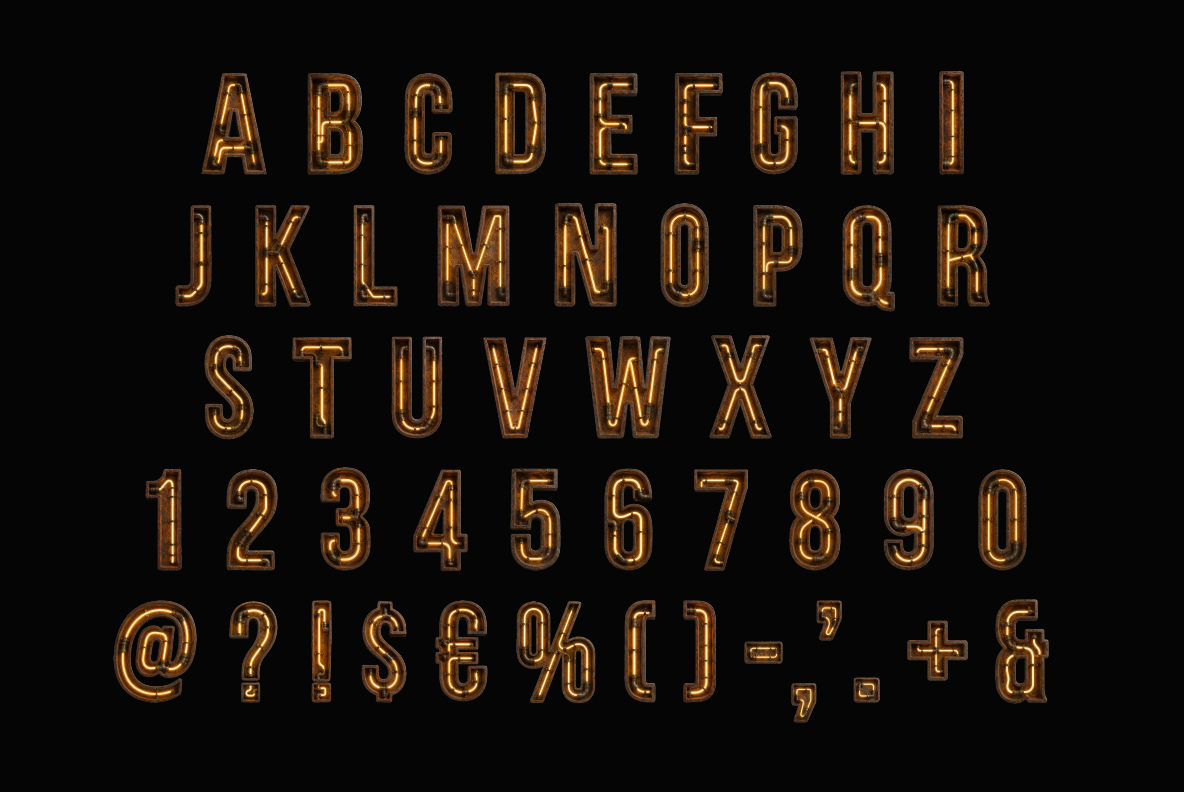 Rusty Neon Font Rusty neon alphabet with orange glowing tube