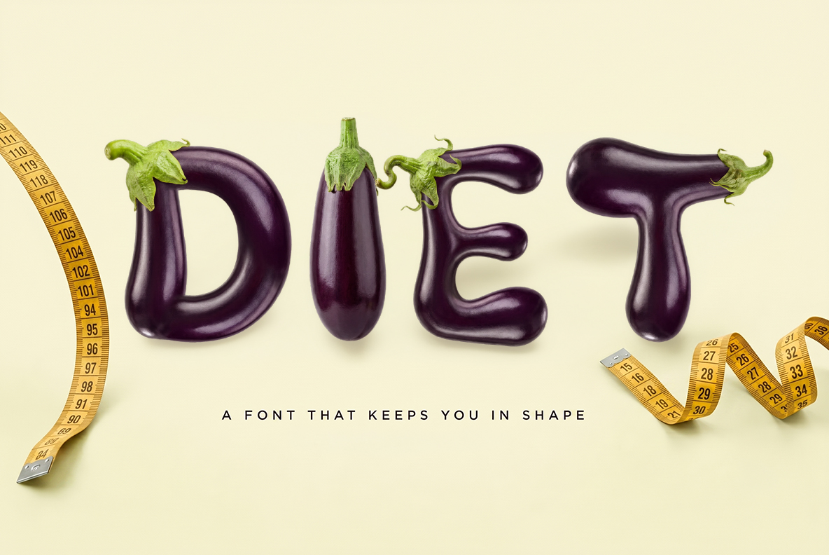 Eggplant Font Diet word graphic styled with healthy Eggplant font letters