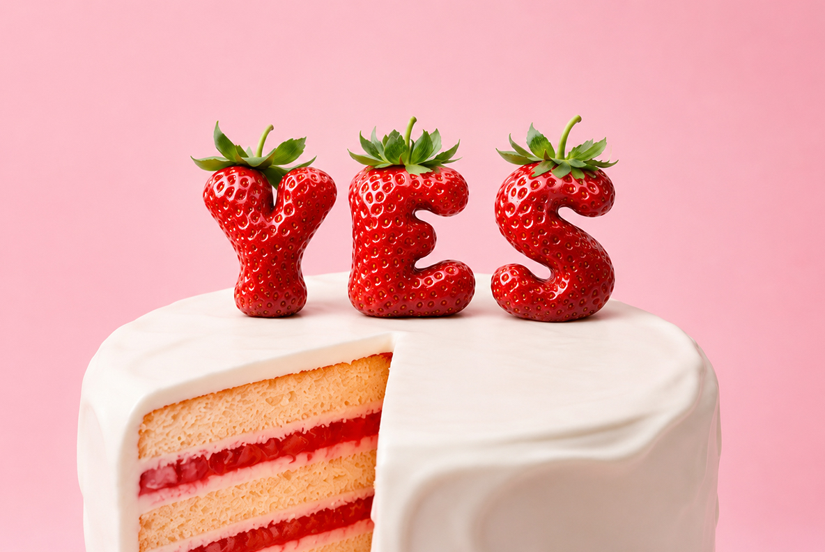 Strawberry Delight Font Slice of cake topped with edible-looking Strawberry font text.