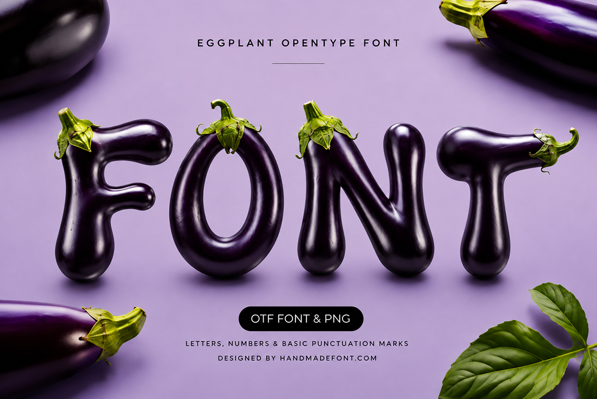 Eggplant Font Eggplant font preview showing realistic glossy purple letters