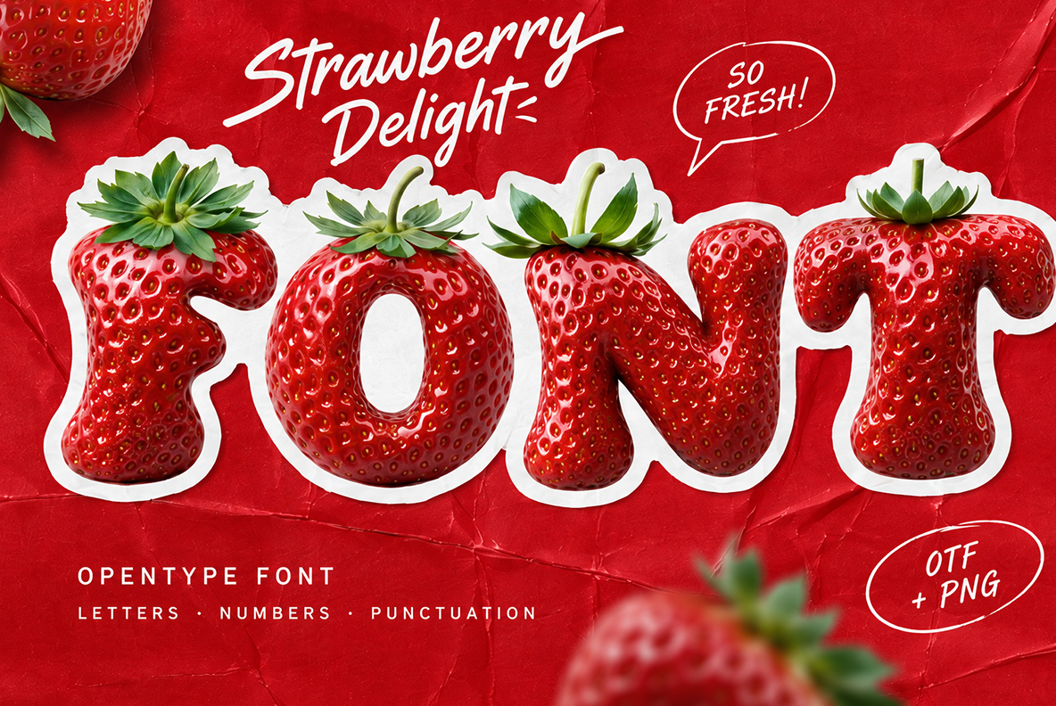 Strawberry Delight Font Red textured background highlighting the bold Strawberry font.