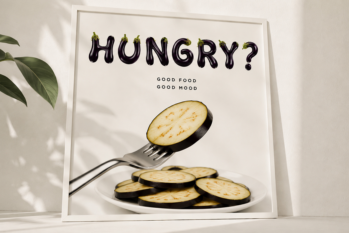 Eggplant Font Hungry poster design using realistic Eggplant font PNG letters