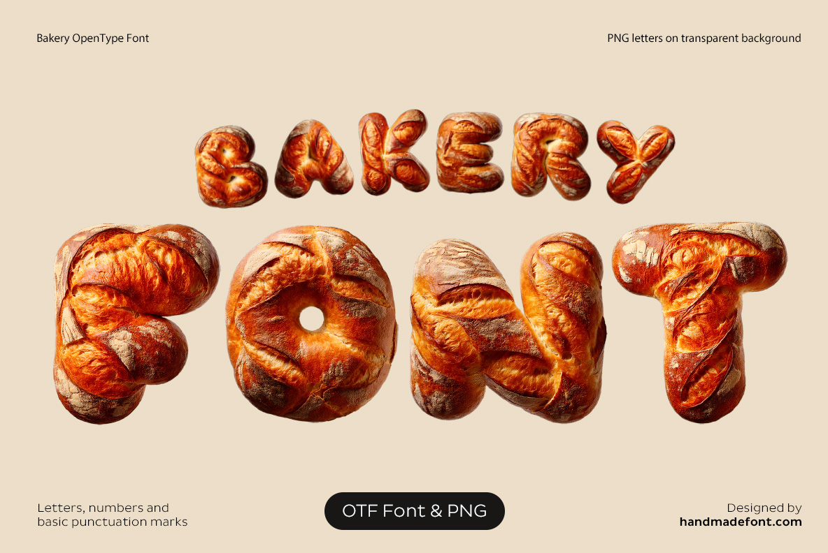 Bakery Font with realistic pastry and baked food inspired letter textures