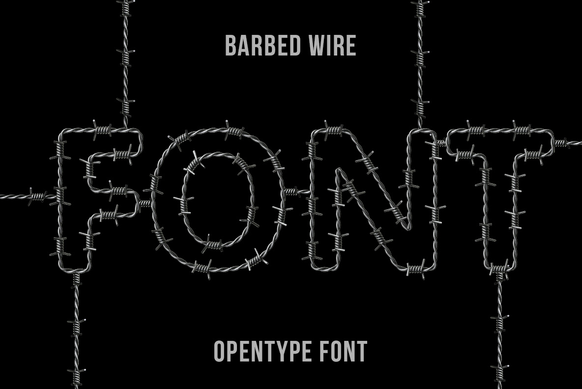 Barbed Wire Font letters constructed from twisted steel wire with sharp barbs