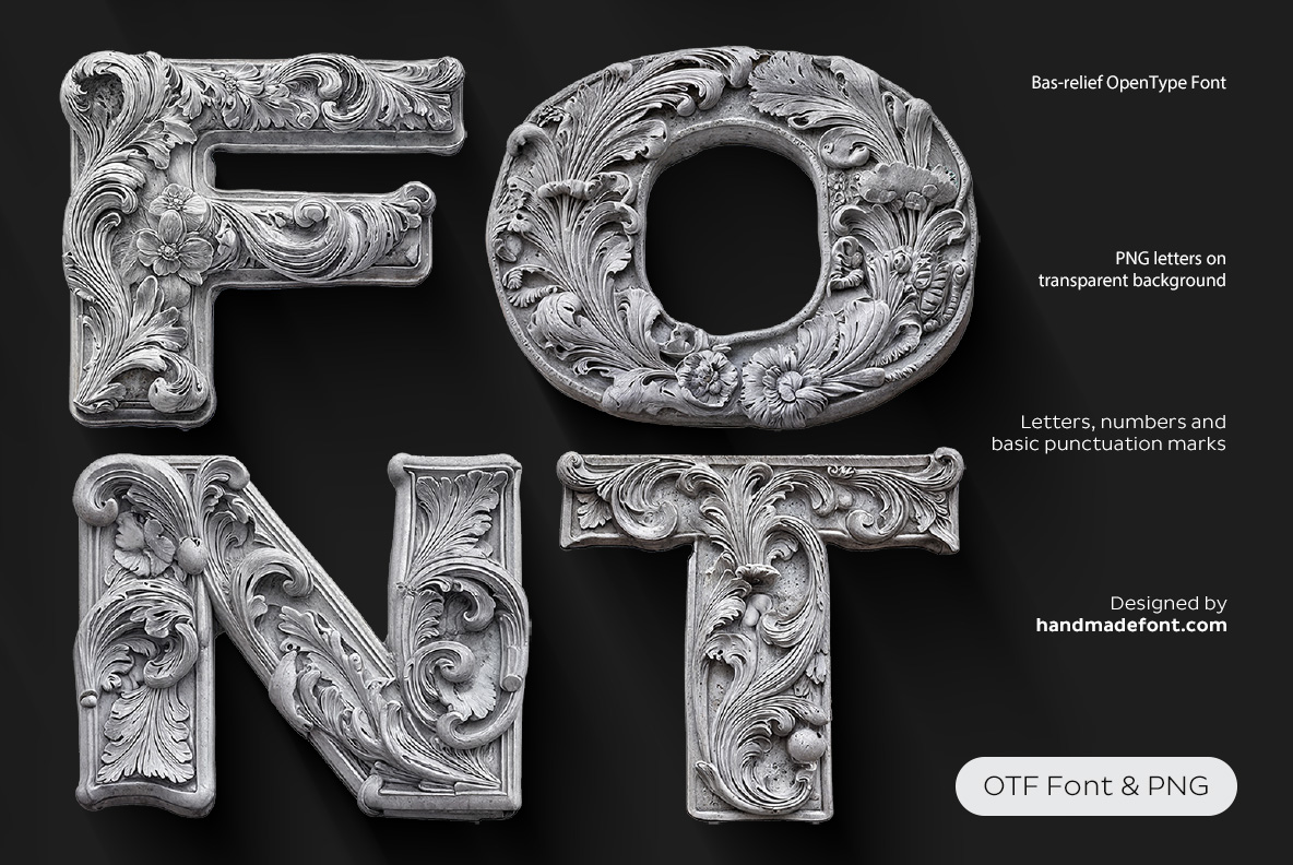 Bas-relief Font with sculptural letters featuring classical ornamental relief details