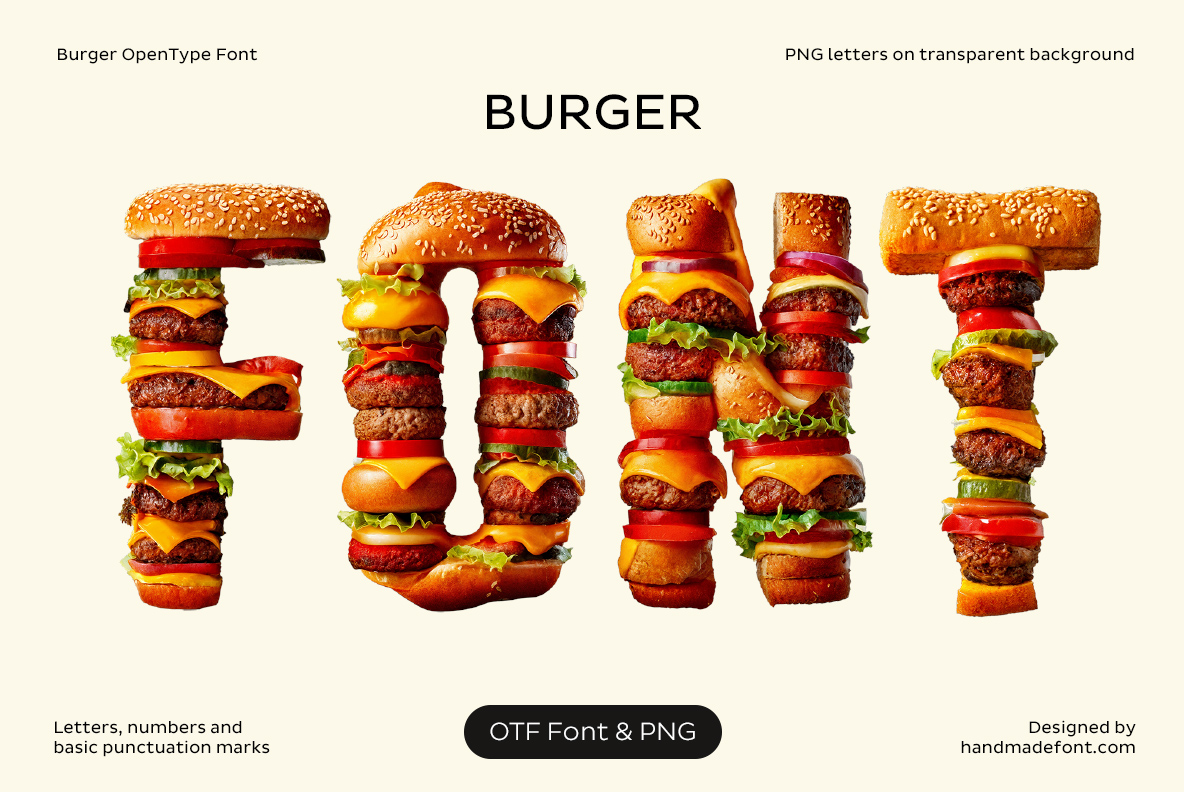 Burger Font – Fast Food Typography Burger Font with letters made from burgers, cheese, lettuce and tomatoes
