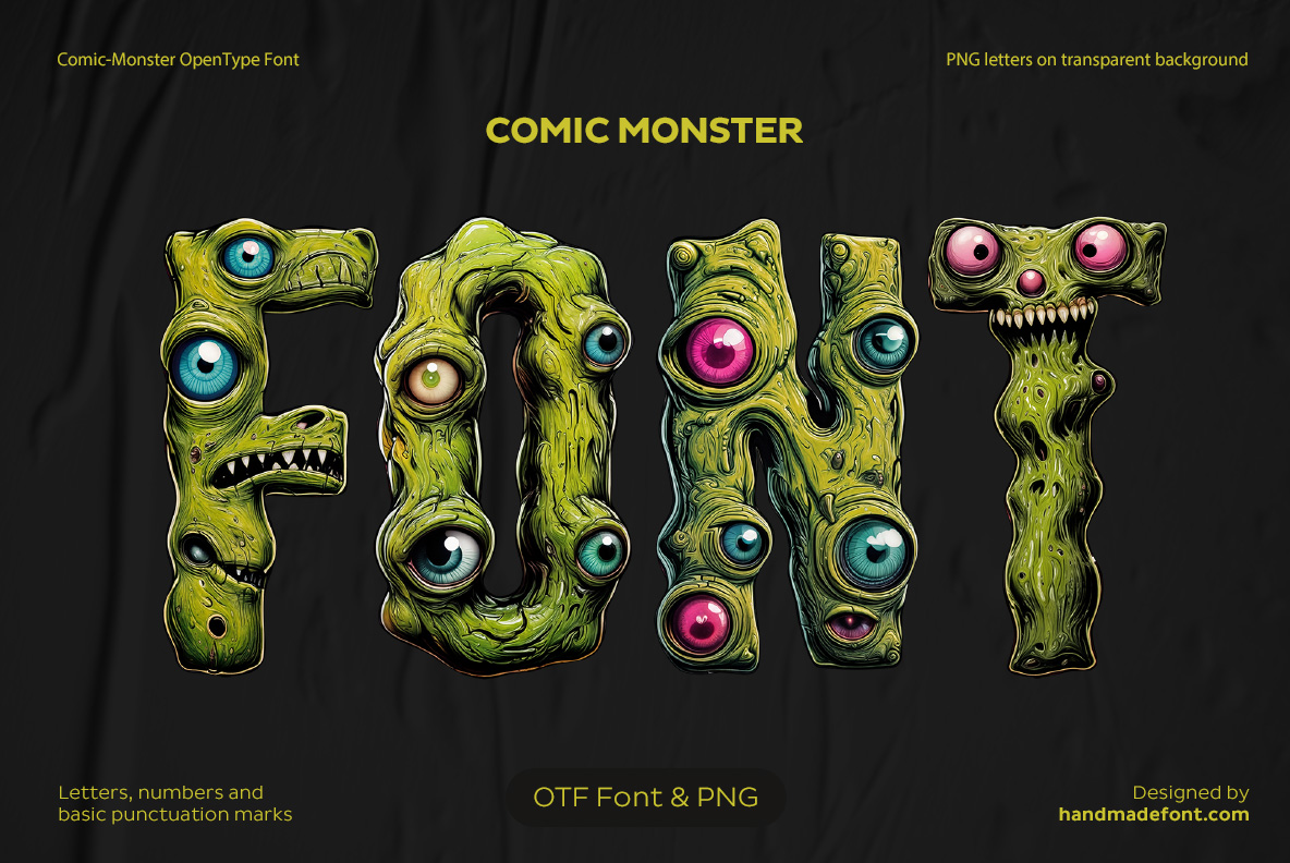 Comic Monster Font – Playful Creepy Typography Comic Monster Font featuring funny monster letters with eyes and toothy expressions