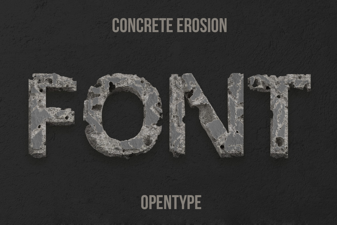 Concrete Erosion Font with damaged concrete letters and rough eroded surfaces