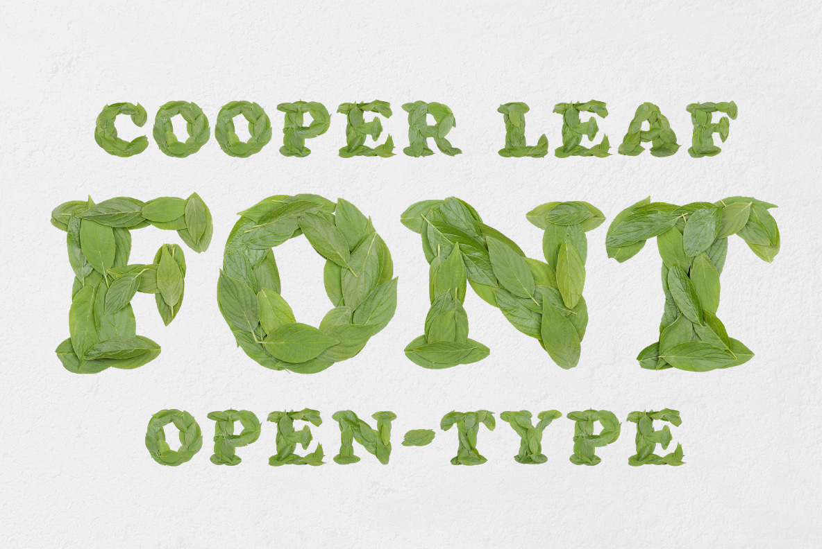 Cooper Leaf Font with letters created from layered green leaves