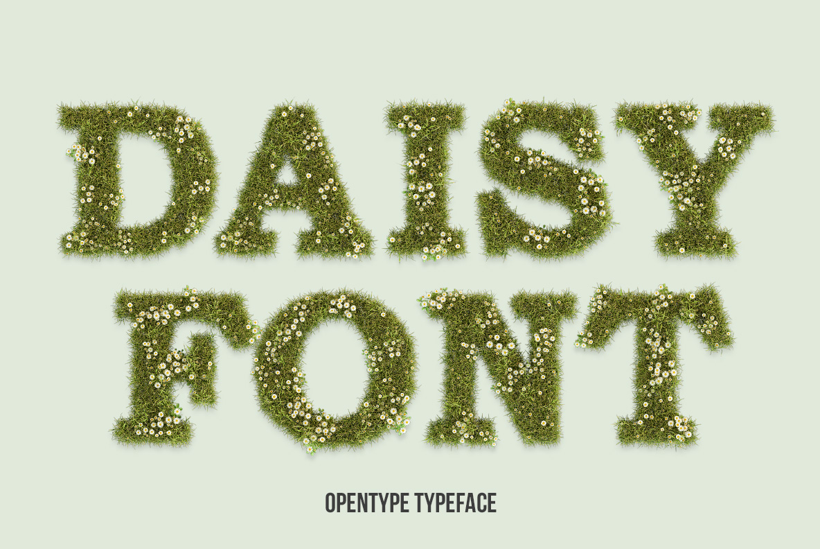 Daisy Font with green grass letters decorated with white daisies