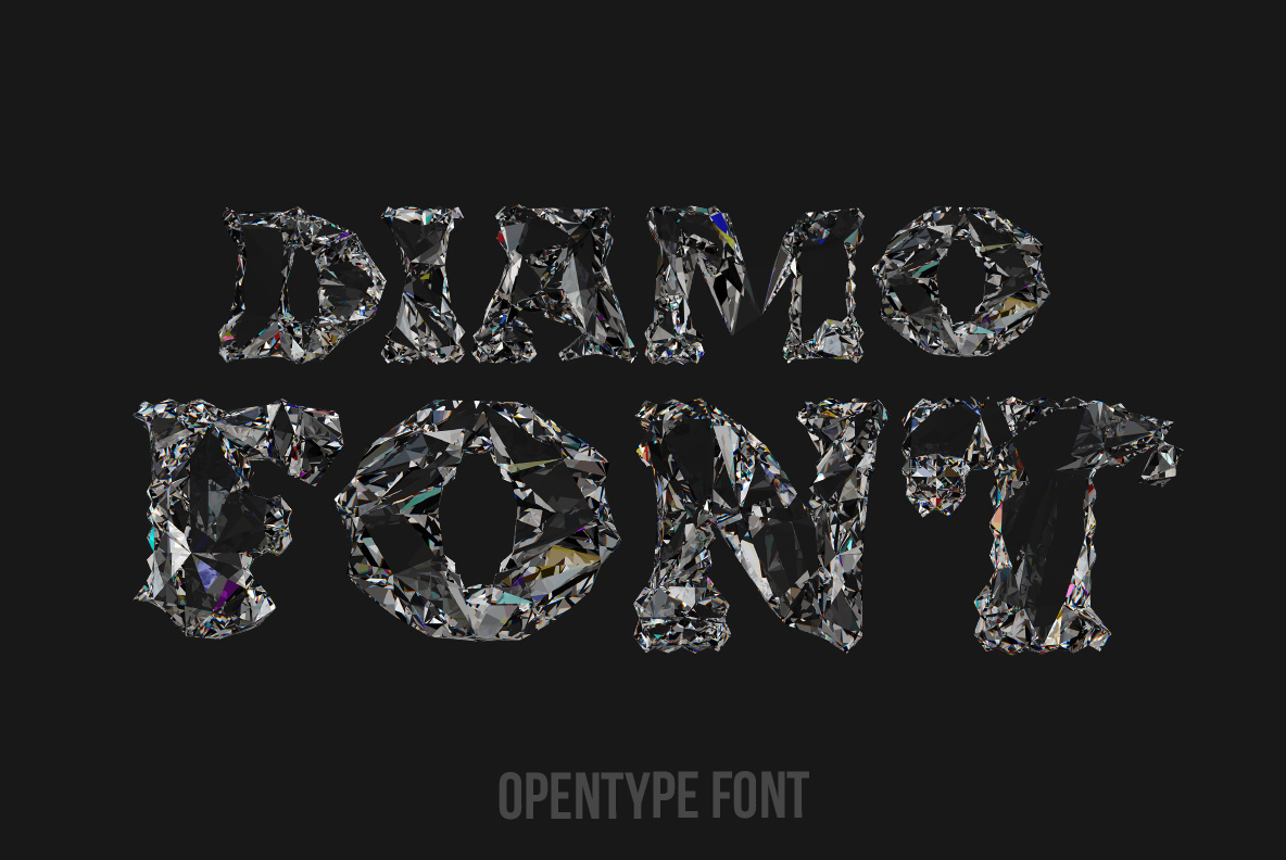 Diamo Font with transparent faceted letters inspired by cut diamonds and crystals