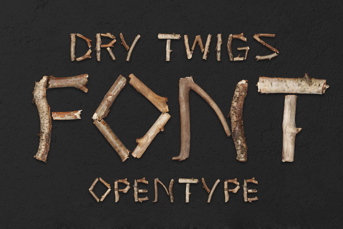 Dry Twigs Font with letters assembled from dry natural branches