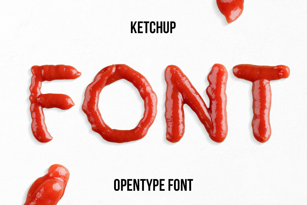 Fresh Ketchup Font – Sauce Food Typography Fresh Ketchup Font with red ketchup letters forming the word FONT