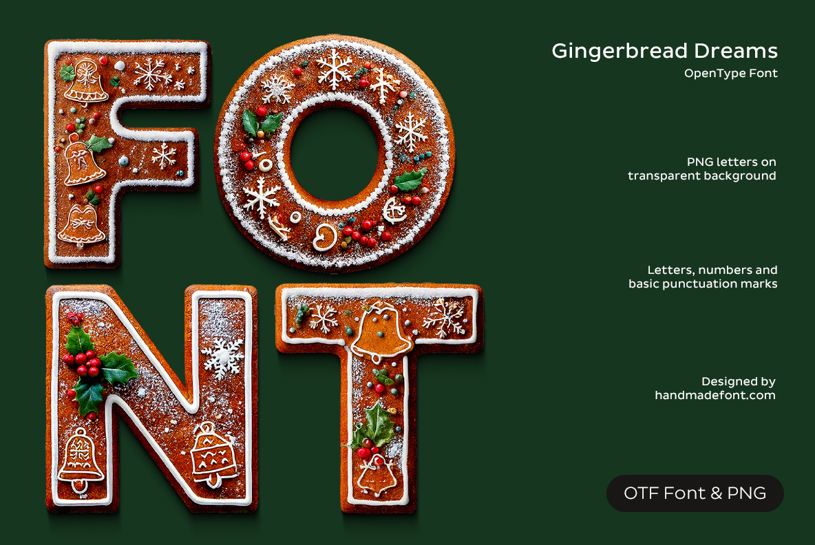 Gingerbread Dreams Font with richly decorated gingerbread-inspired letterforms
