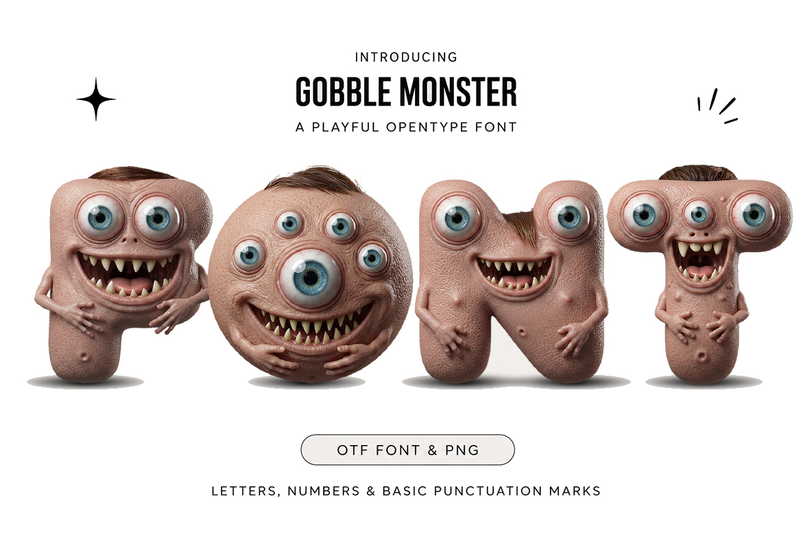 Gobble Monster Font – Hungry Creature Lettering Gobble Monster Font with playful creature-inspired letters, mouths and teeth