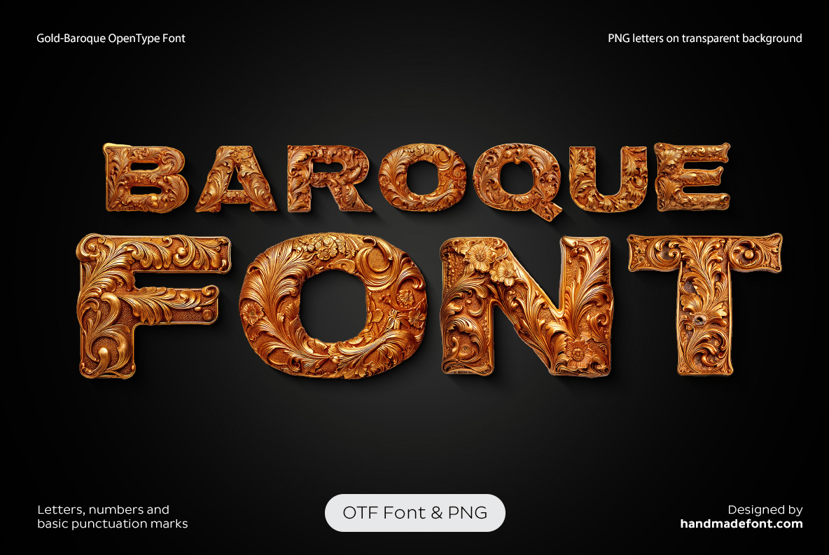 Gold Baroque Font – Ornate Golden Lettering Gold Baroque Font with richly decorated golden letters featuring ornate floral details