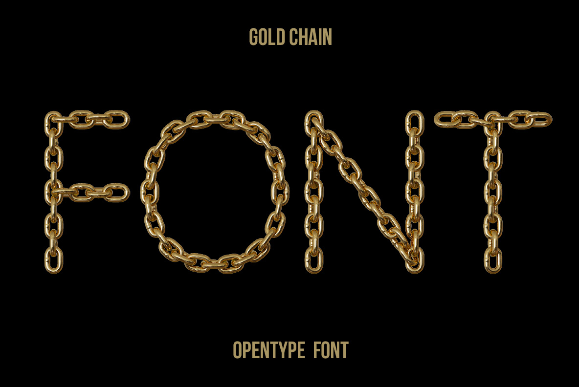 Gold Chain Font – Glamorous Chain Typography Gold Chain Font with letters constructed from shiny linked golden chains on a black background