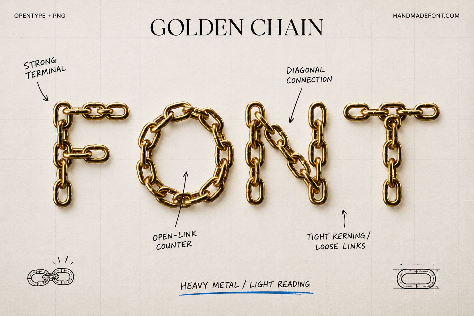 Gold Chain Font with textured letters formed from individual golden chain links