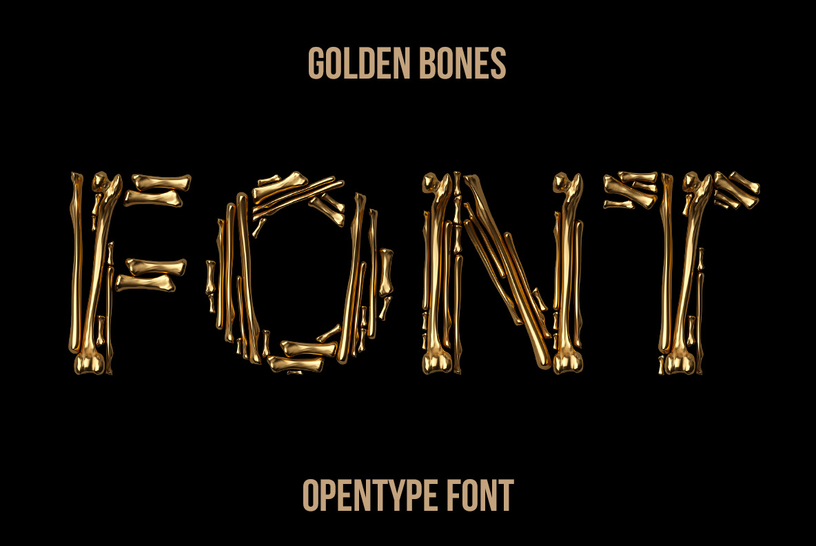Golden Bone Font – Metallic Bone Lettering Golden Bone Font with letters assembled from polished gold-colored bones