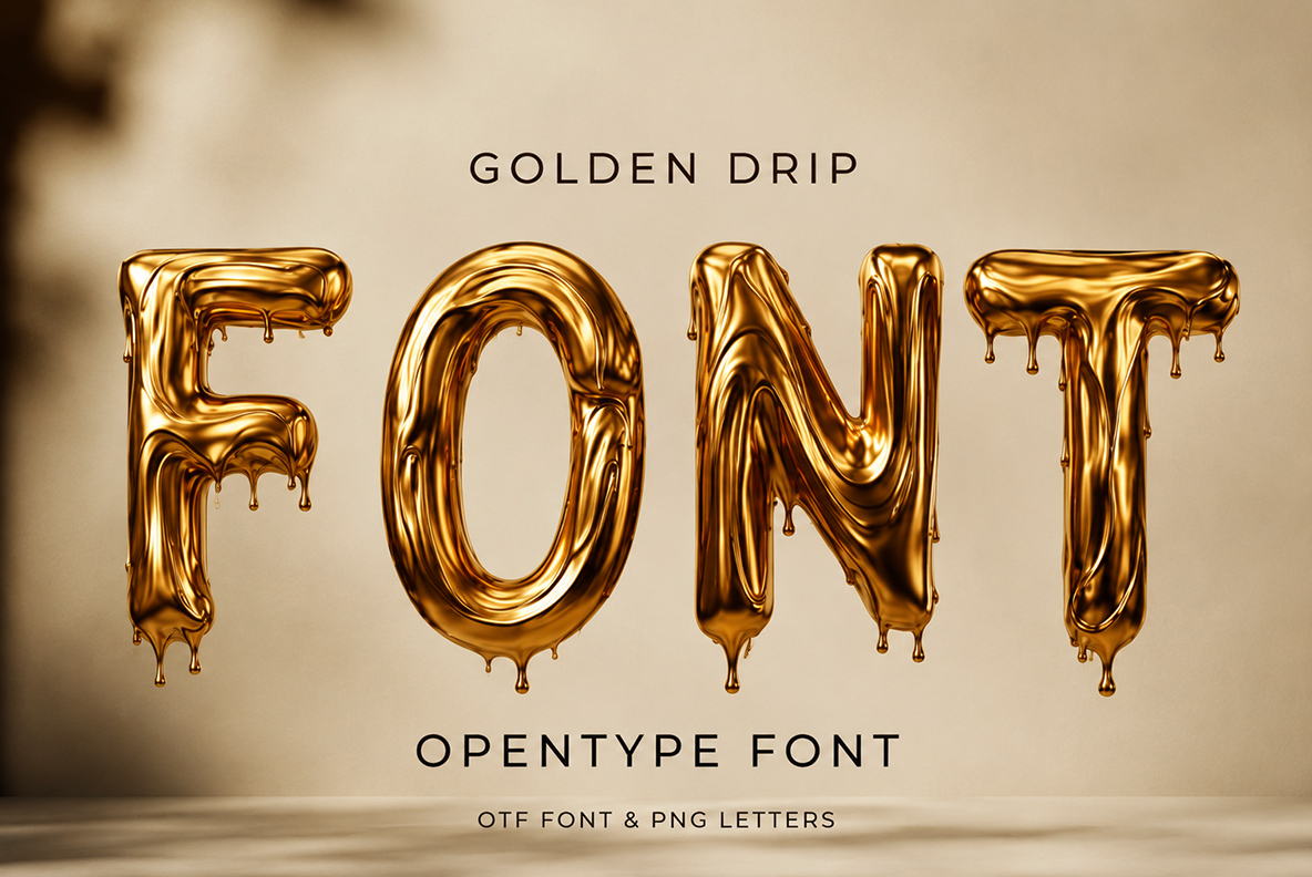 Golden Drip Font with glossy gold lettering and realistic flowing liquid texture