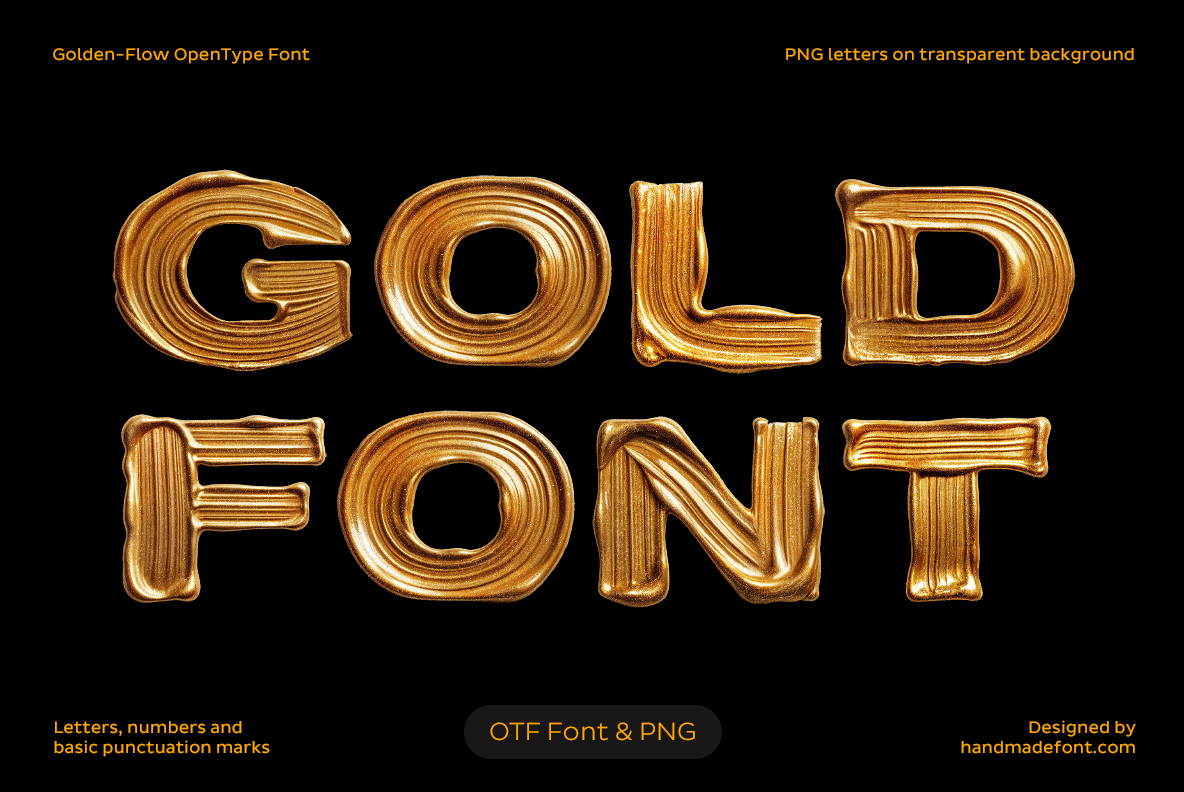 Golden Flow Font with smooth metallic gold letters and flowing contours