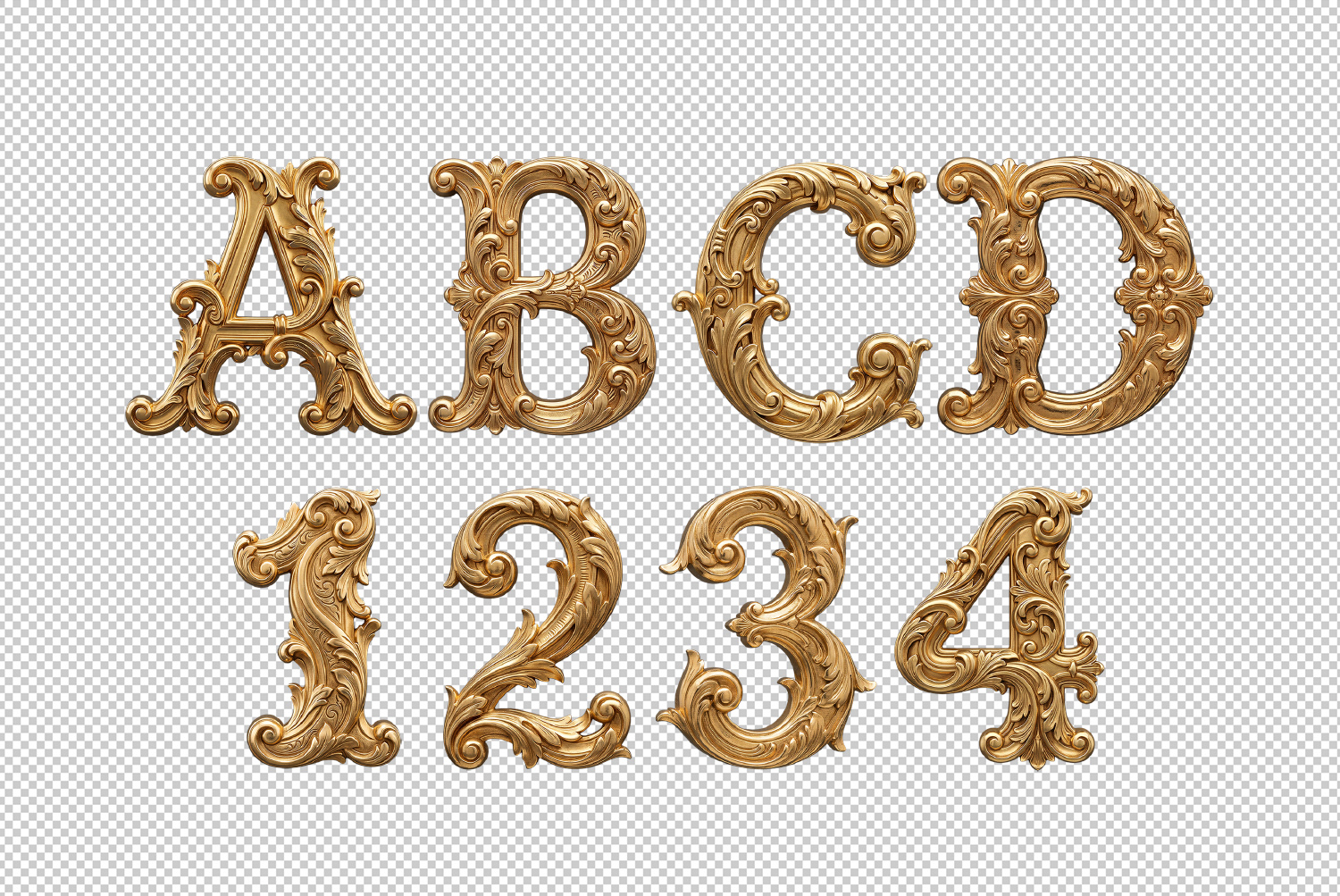 Golden Rococo PNG Letters and Numbers Golden Rococo letters ABCD and numbers 1234 on transparent background