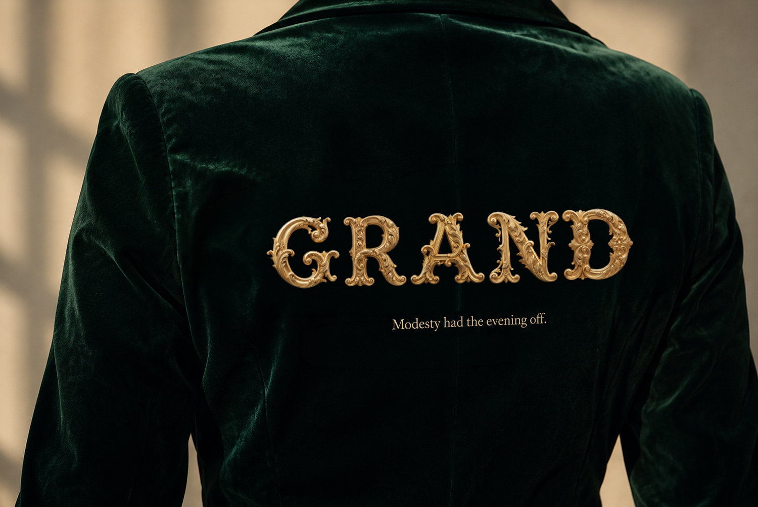 Golden Rococo Font – Fashion Mockup GRAND in ornate gold lettering embroidered on the back of a dark green jacket