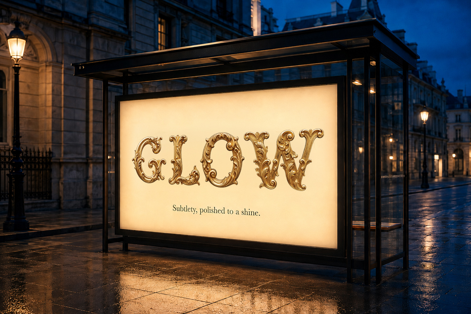 Golden Rococo Font – GLOW Advertising Mockup GLOW in ornate Golden Rococo lettering on an illuminated street poster