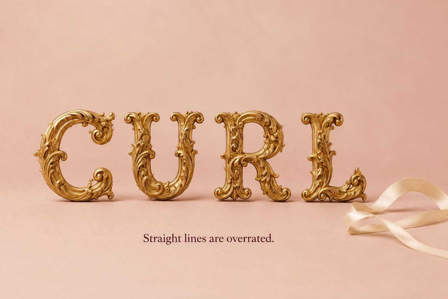 Golden Rococo Font – CURL Typography CURL written with elaborate gold Rococo letters on a soft pink background