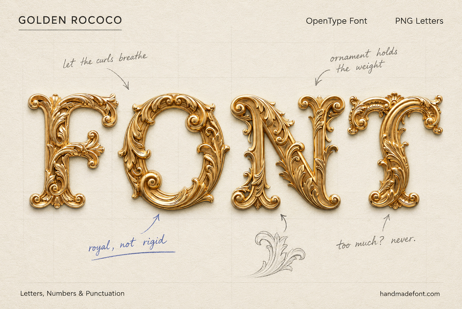 Golden Rococo Font – Ornamental Lettering Details Golden Rococo FONT lettering with handwritten notes about its ornamental design