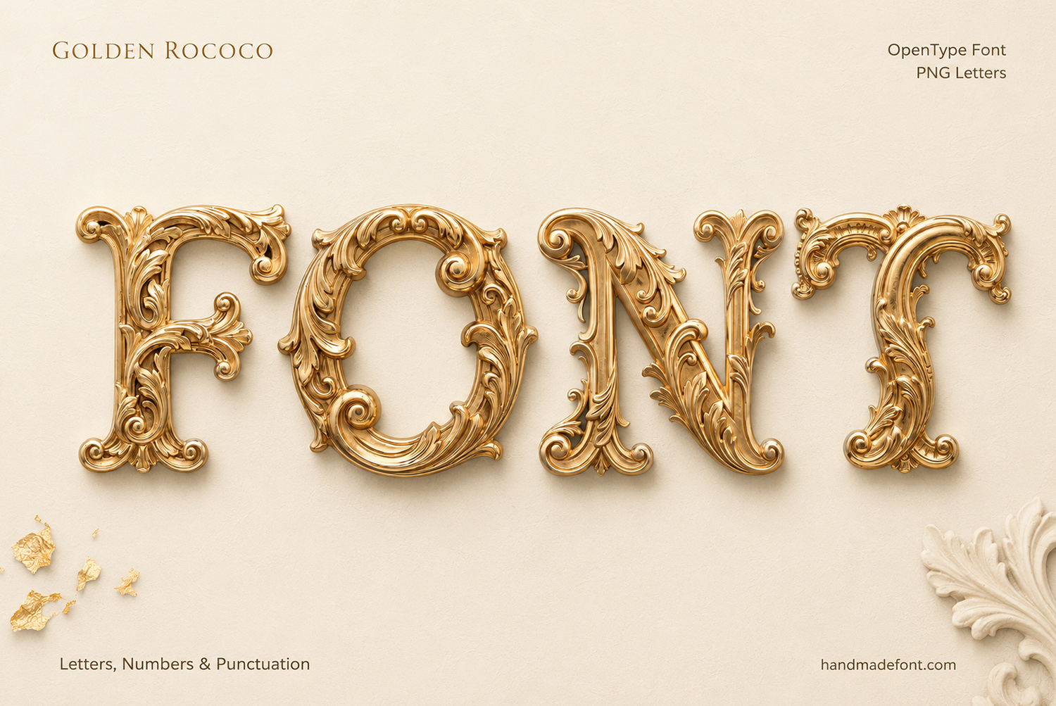 Golden Rococo Font – Ornate Gold Typeface Golden Rococo Font with ornate gold FONT lettering on an elegant cream background