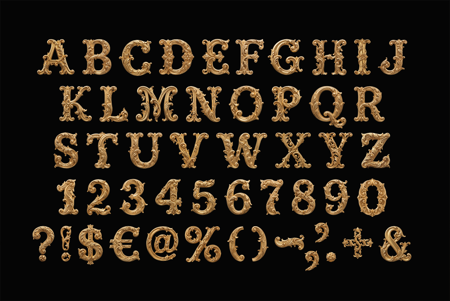Golden Rococo Font Alphabet and Characters Complete Golden Rococo alphabet with gold letters, numbers and punctuation on black