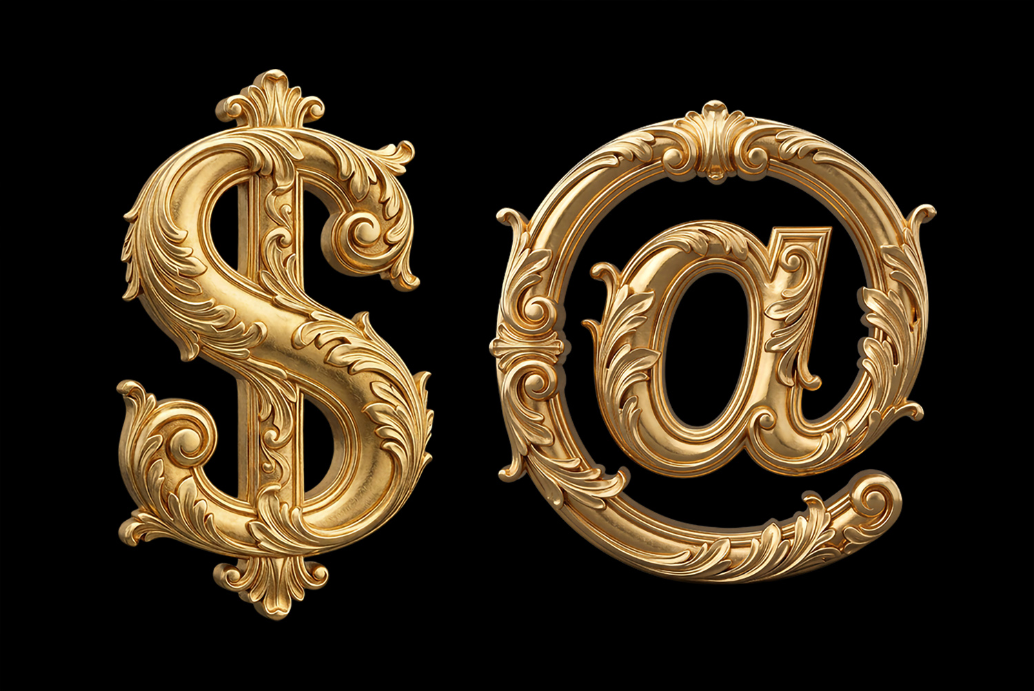 Golden Rococo Decorative Symbols Ornate gold dollar and at symbols from Golden Rococo Font