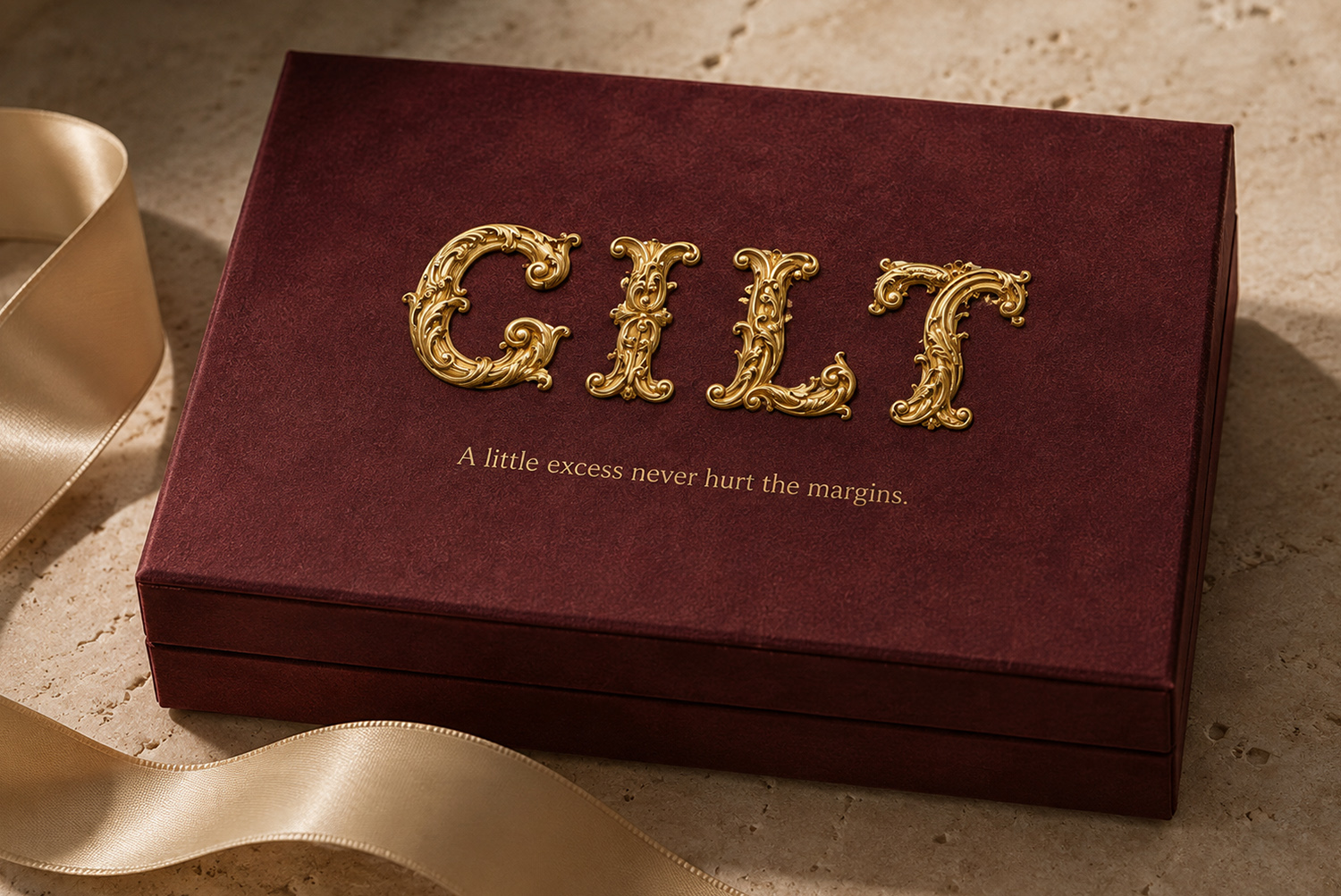 Golden Rococo Font – GILT Luxury Mockup GILT in ornate gold Rococo lettering on a burgundy luxury box