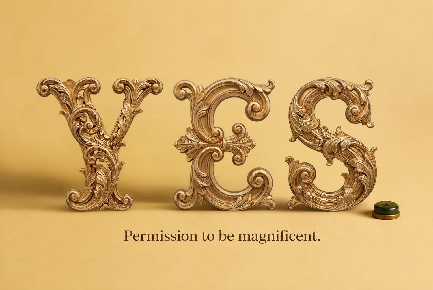 Golden Rococo Font – YES Lettering YES written with decorative gold Rococo letters on a warm golden background