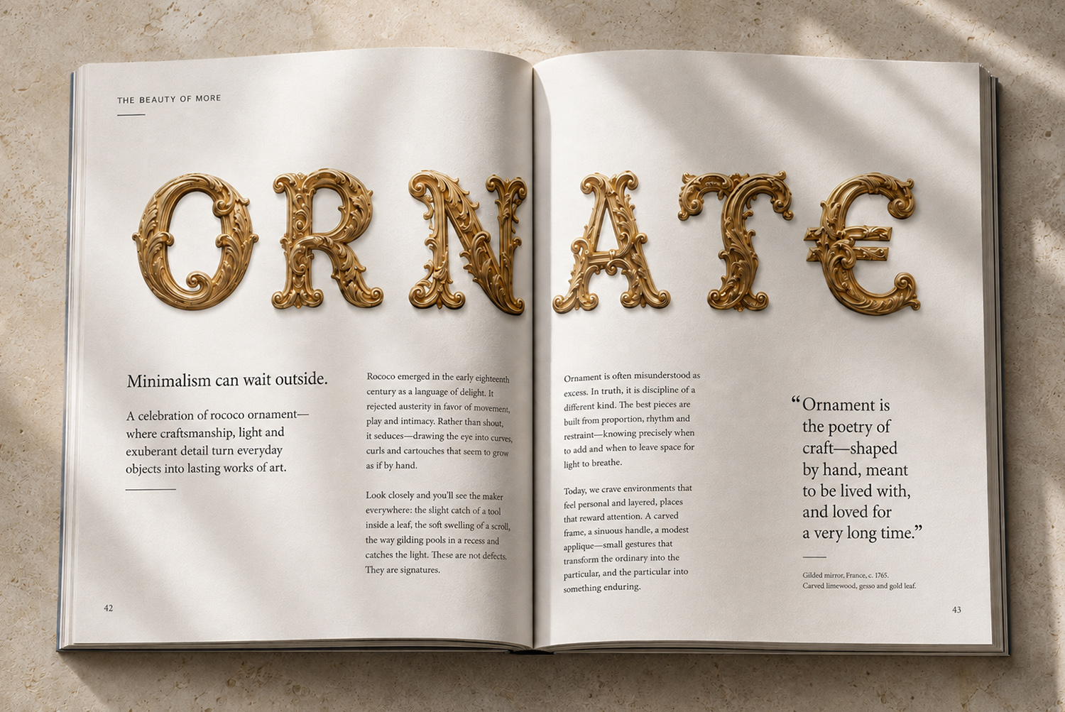 Golden Rococo Font – Editorial Typography ORNATE in Golden Rococo Font displayed across an open magazine