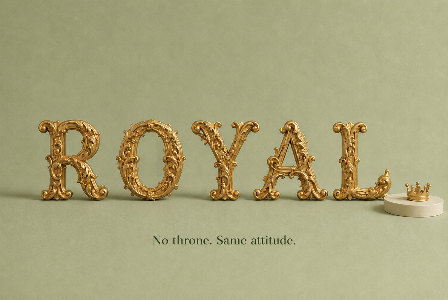 Golden Rococo Font – ROYAL Lettering ROYAL spelled with ornate gold Rococo letters on a soft green background
