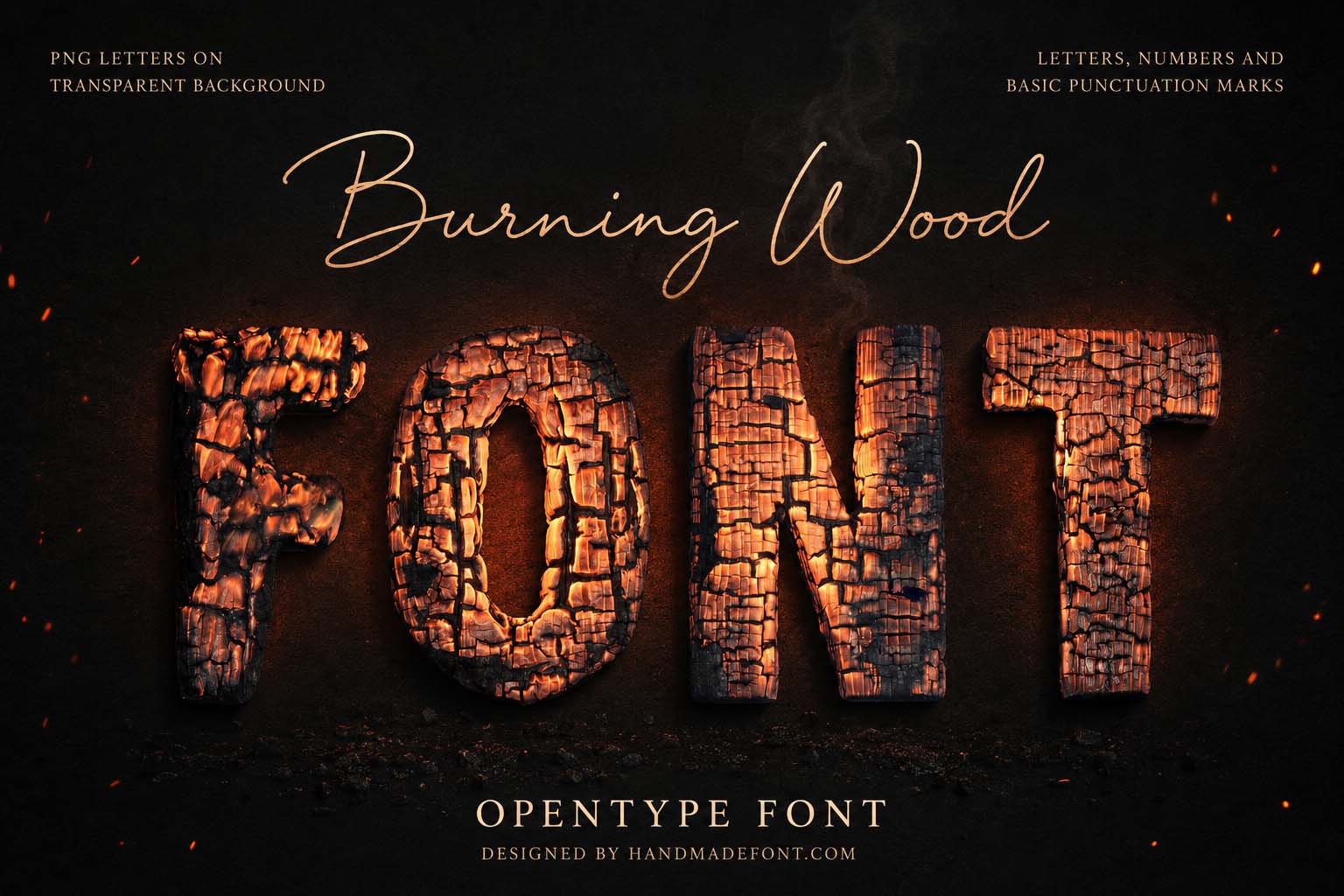Burned Wood Font with charred wooden alphabet letters