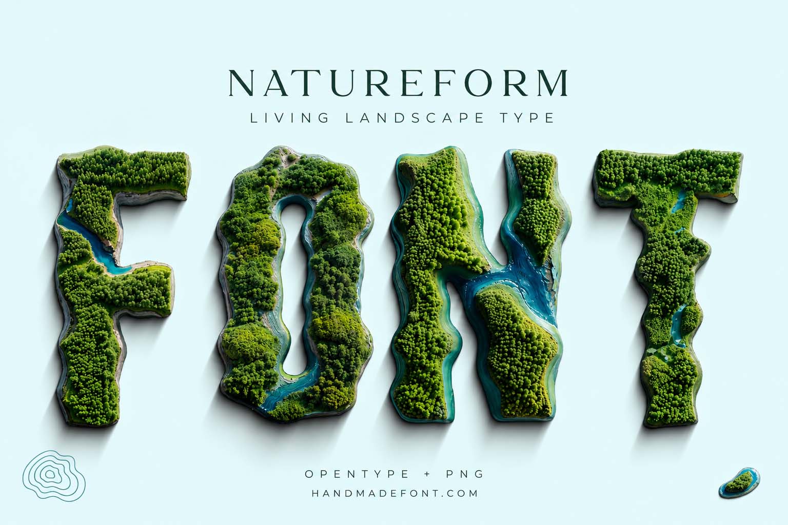 NatureForm Font – mossy landscape letters for sustainable design