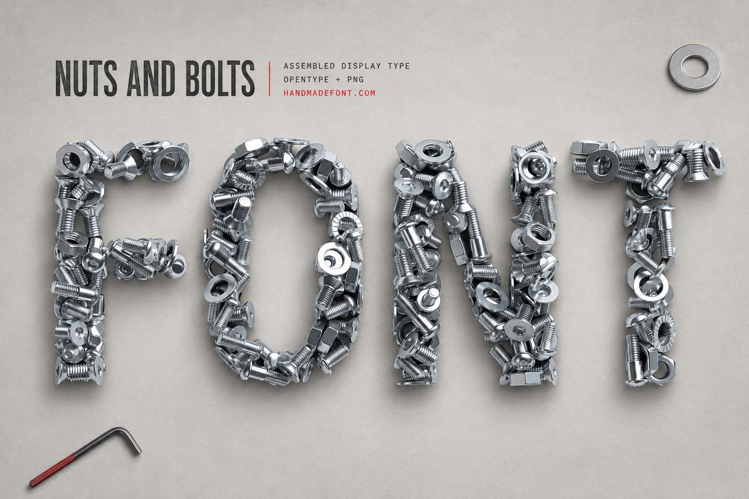 Nuts and Bolts Font – assembled metal typography for industrial branding