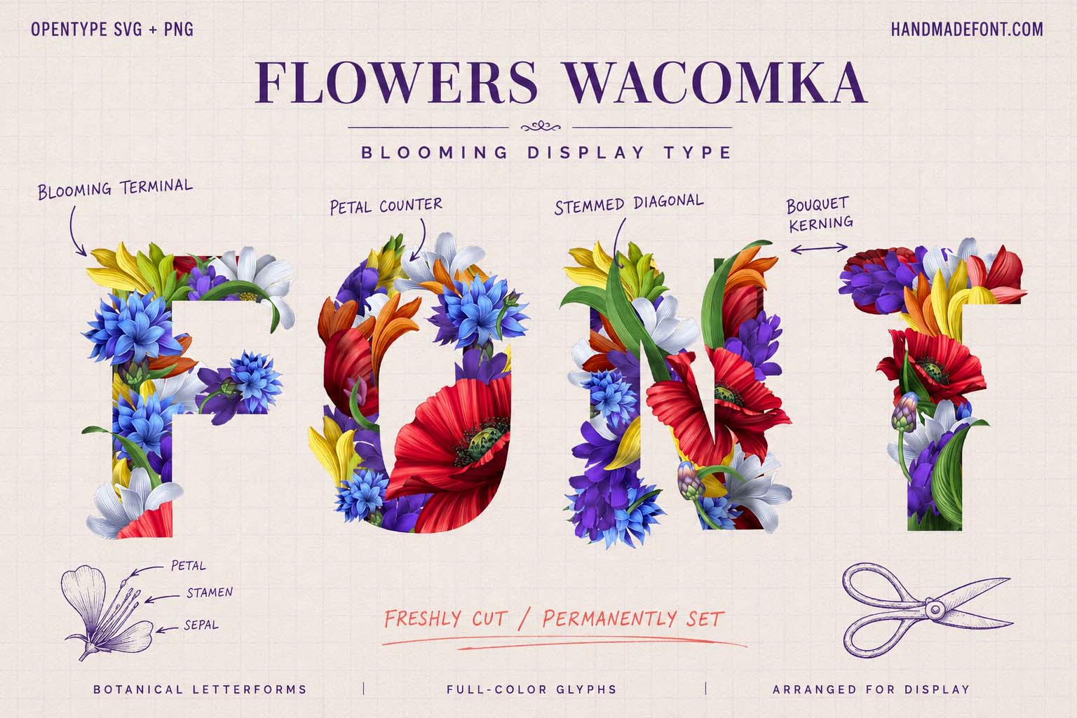 Flowers Wacomka Font – colorful floral lettering for wedding design