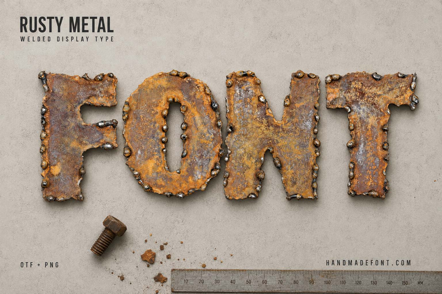 Rusty Metal Font – weathered steel typography for industrial design
